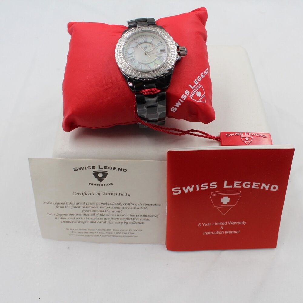 NWT Swiss Legend Karamica Women's Black Ceramic Diamond Watch MOP w/ COA Papers
